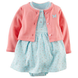 Baby Girl Pink Cardigan & Floral Blue Dress Set